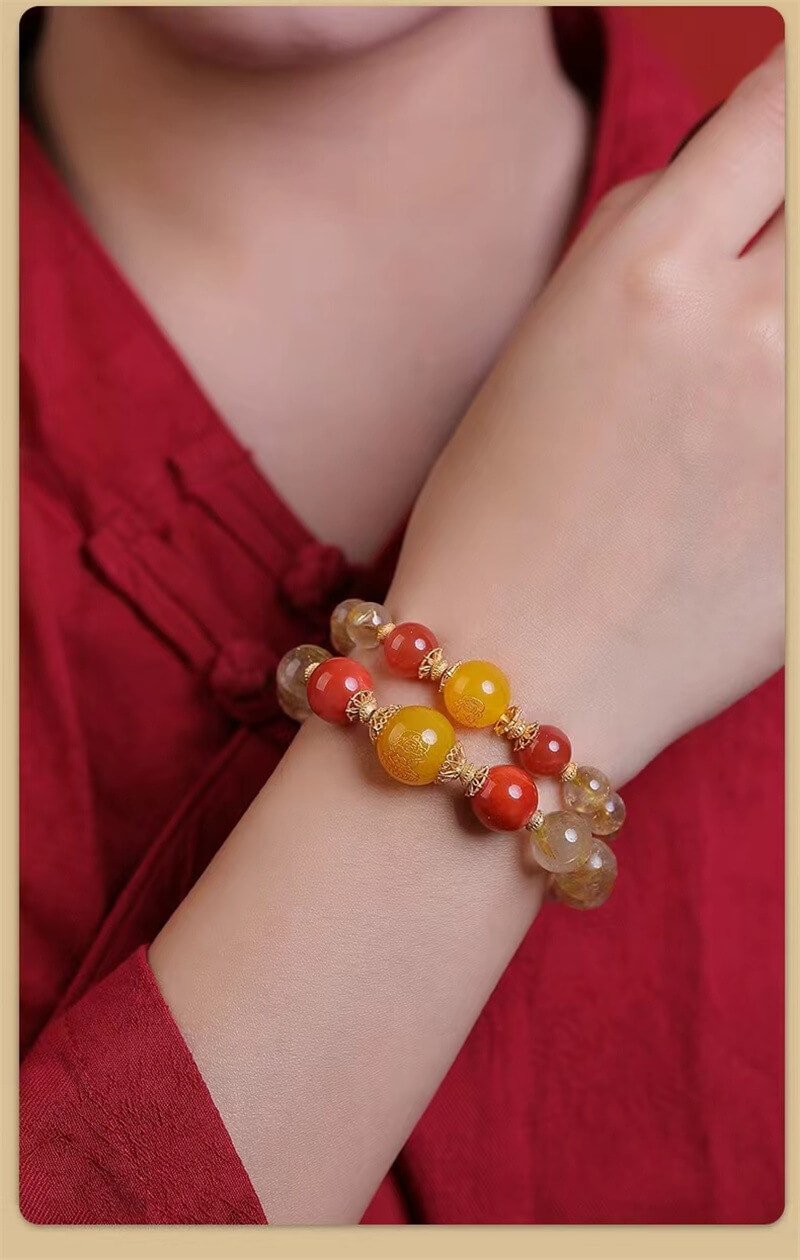 《Soft Jade Fragrance》 Natural Golden Hair Crystal and Agate Wealth God Bracelet