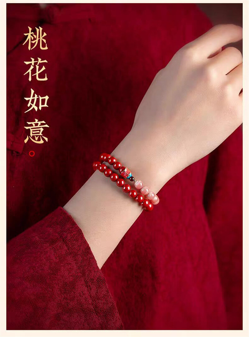 《Joyful Blossoms》 Long Multi-loop Cinnabar Peach Blossom and Strawberry Crystal Bracelet