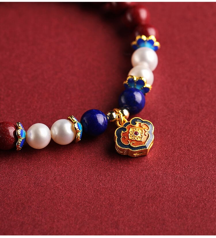 《Increasing Fortune and Wisdom》 Cloisonné Ruyi Pendant with Cinnabar Bracelet