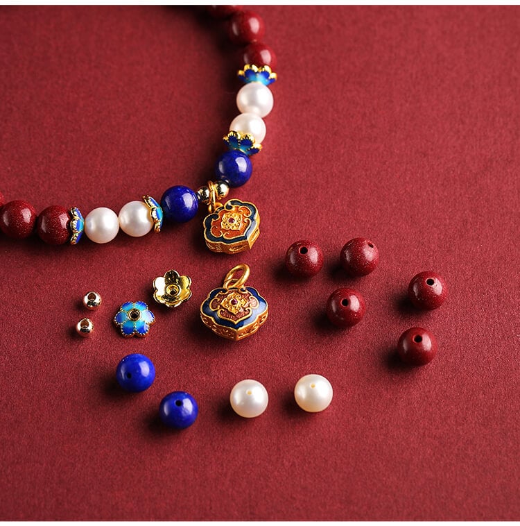 《Increasing Fortune and Wisdom》 Cloisonné Ruyi Pendant with Cinnabar Bracelet