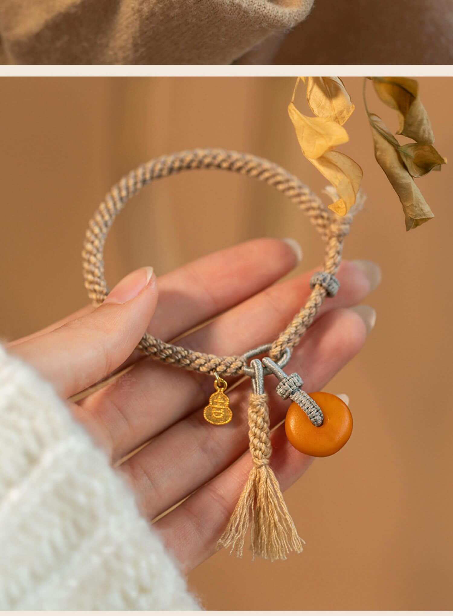 《Peace and Happiness》 Woven Ethnic Style Bracelet with Beeswax Gourd