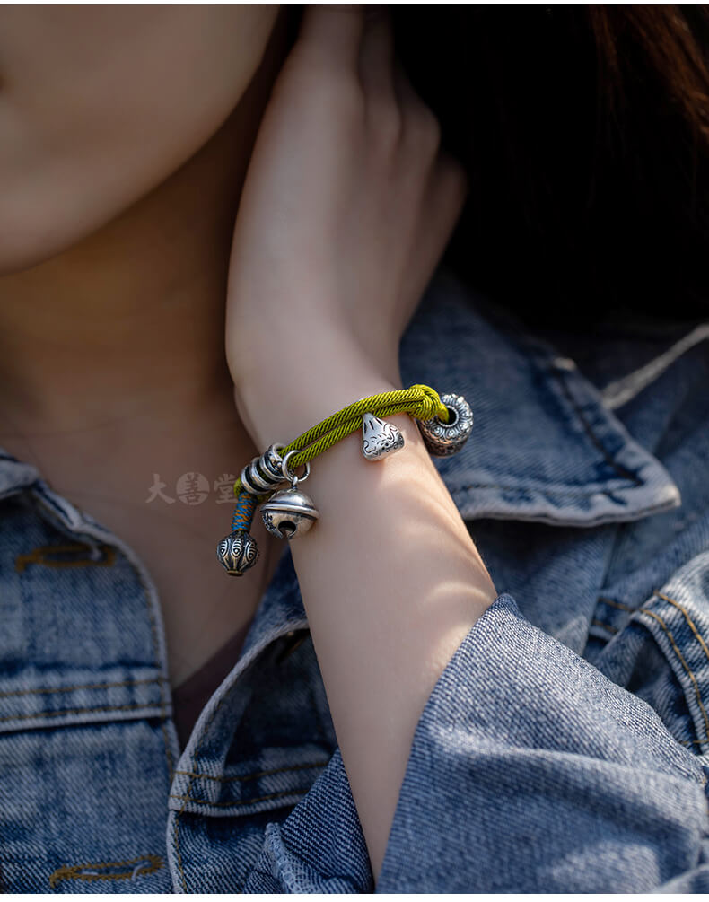 《The Six-Syllable Mantra》 - 925 Sterling Silver Bell Green Tibetan Style Bracelet