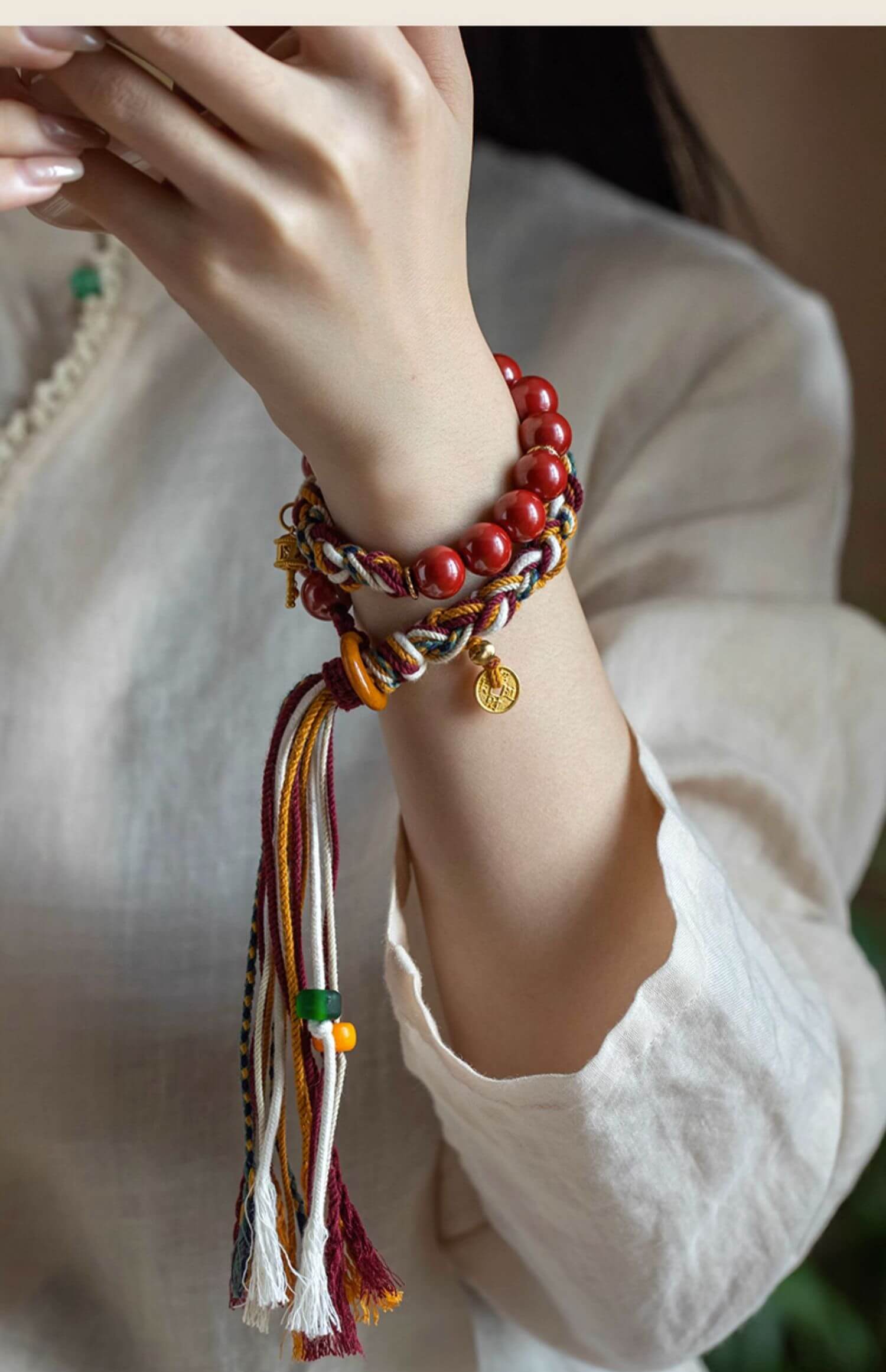 《The Tibetan Red Cord》 - Cinnabar Braided Couple Style Antique Bracelet