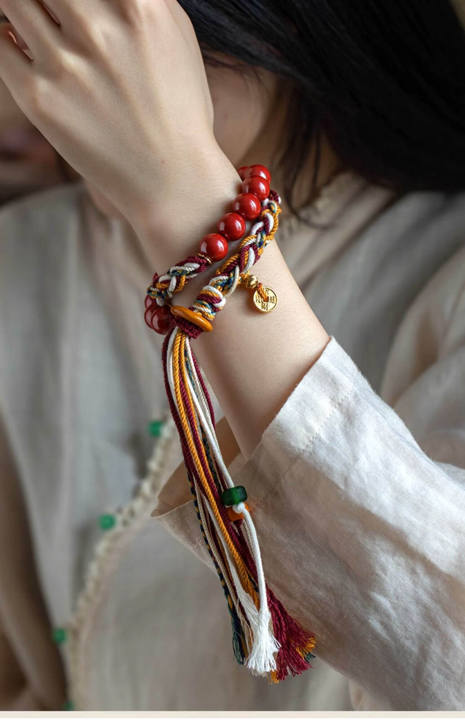 《The Tibetan Red Cord》 - Cinnabar Braided Couple Style Antique Bracelet