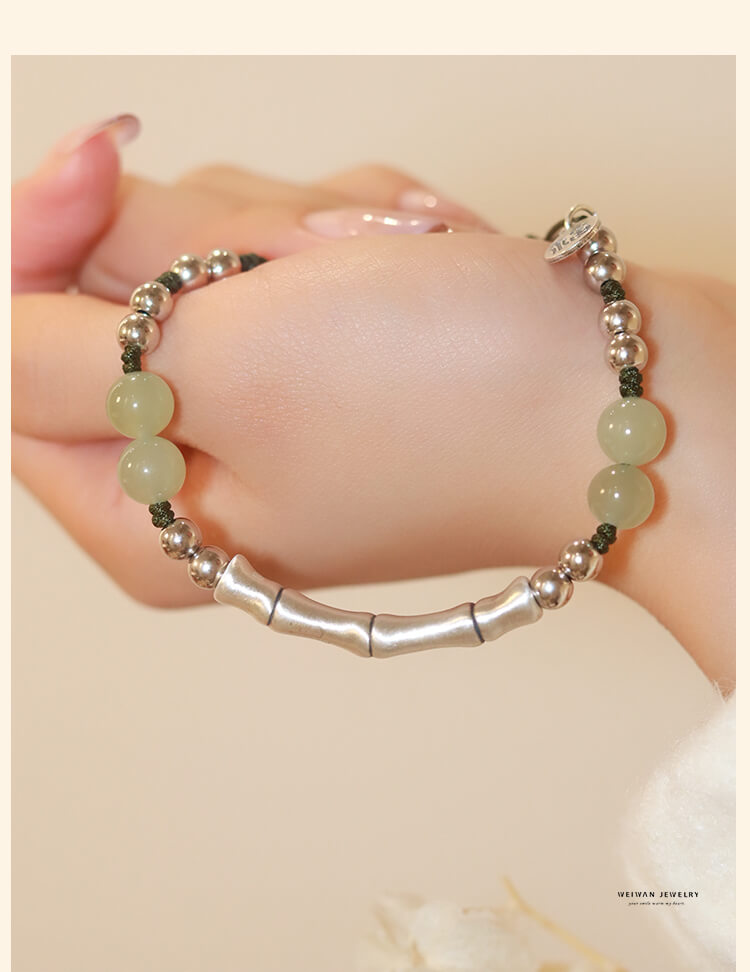 《Fragrant Ink Bamboo》 S925 Sterling Silver Bamboo Section and Hetian Jade Braided Bracelet