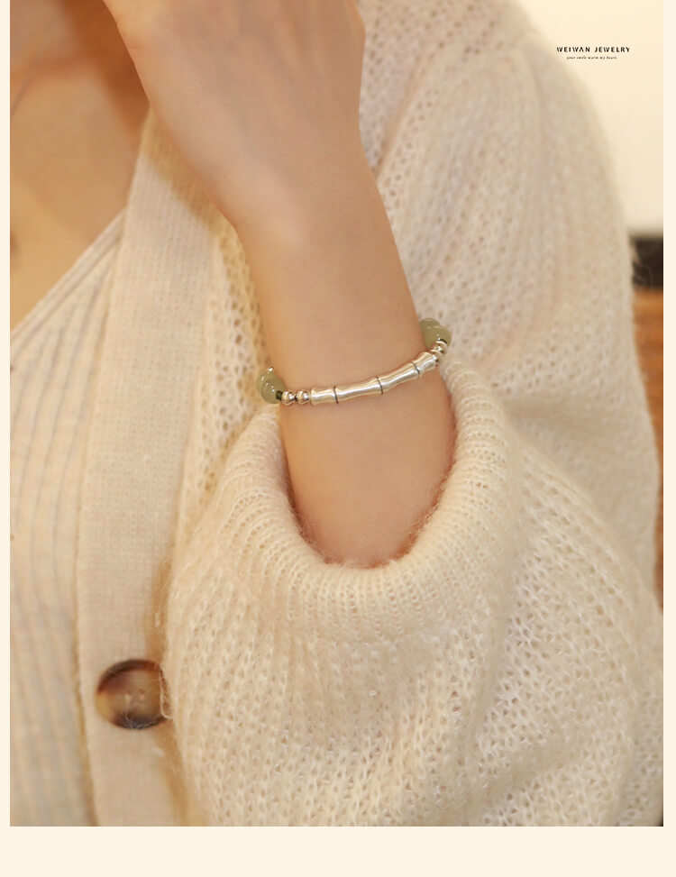 《Fragrant Ink Bamboo》 S925 Sterling Silver Bamboo Section and Hetian Jade Braided Bracelet