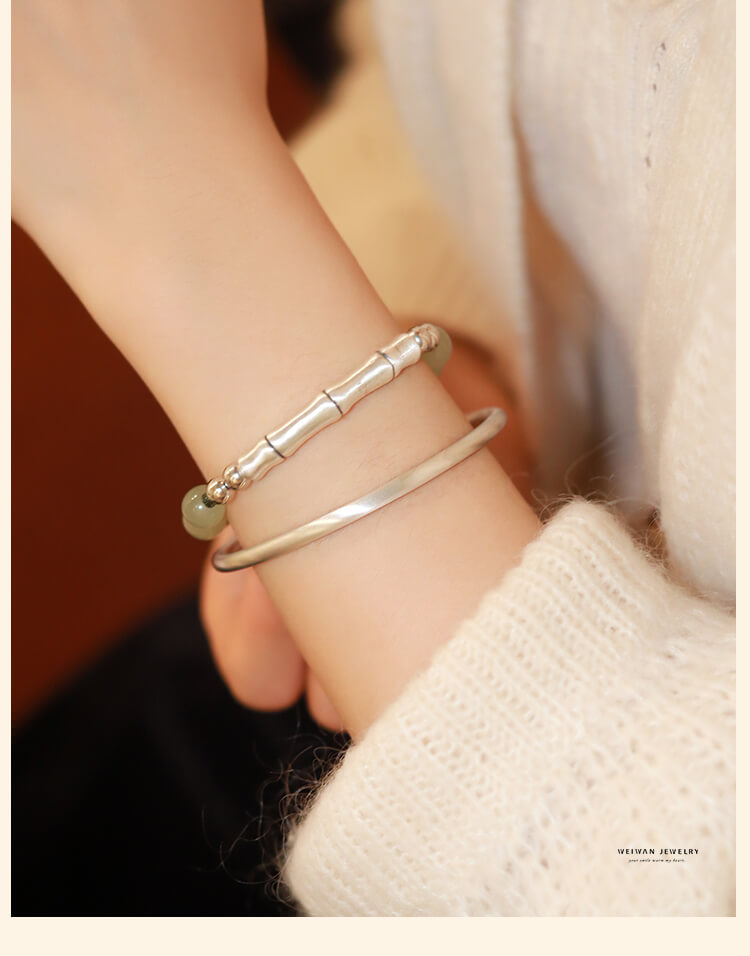 《Fragrant Ink Bamboo》 S925 Sterling Silver Bamboo Section and Hetian Jade Braided Bracelet