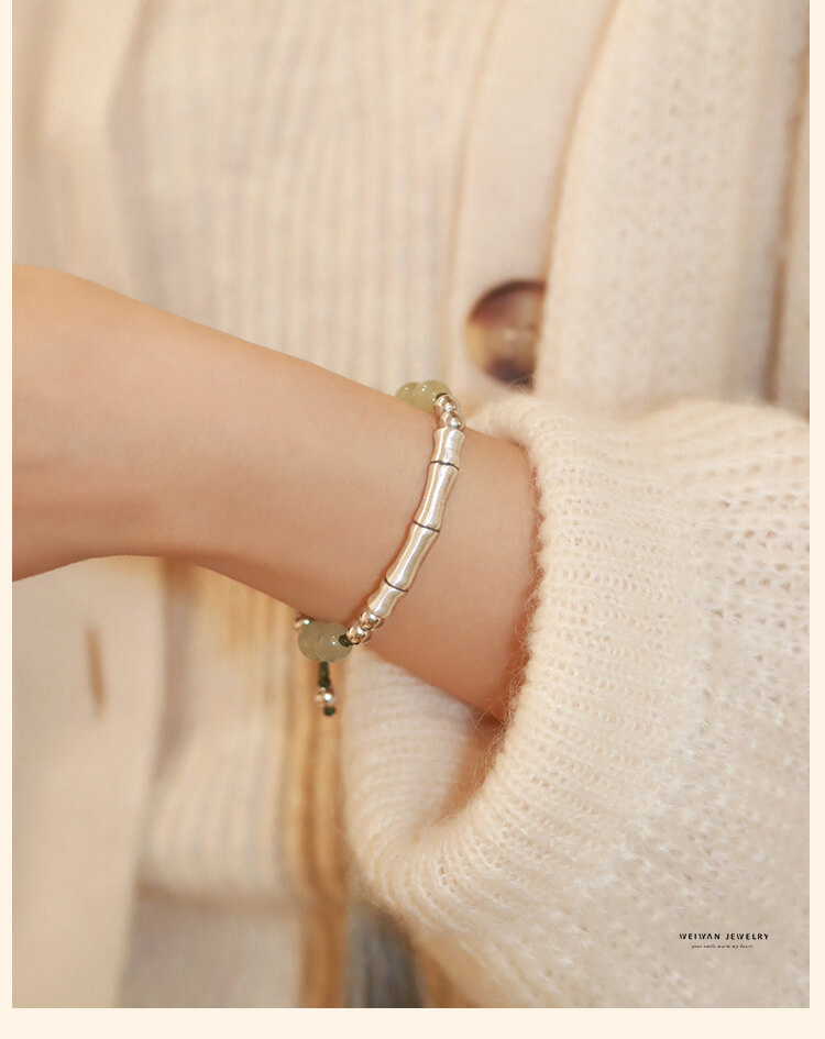 《Fragrant Ink Bamboo》 S925 Sterling Silver Bamboo Section and Hetian Jade Braided Bracelet