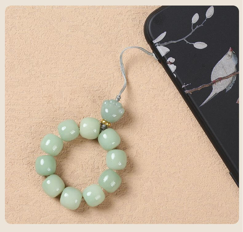 《Lucky Cat》 White Jade Bodhi Root Phone Charm