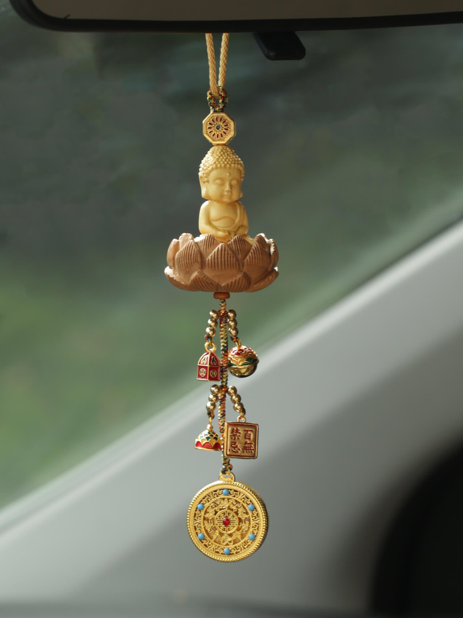 Peace and Good Fortune - Boxwood Buddha and Guanyin Car Rearview Mirror Hanging Ornament