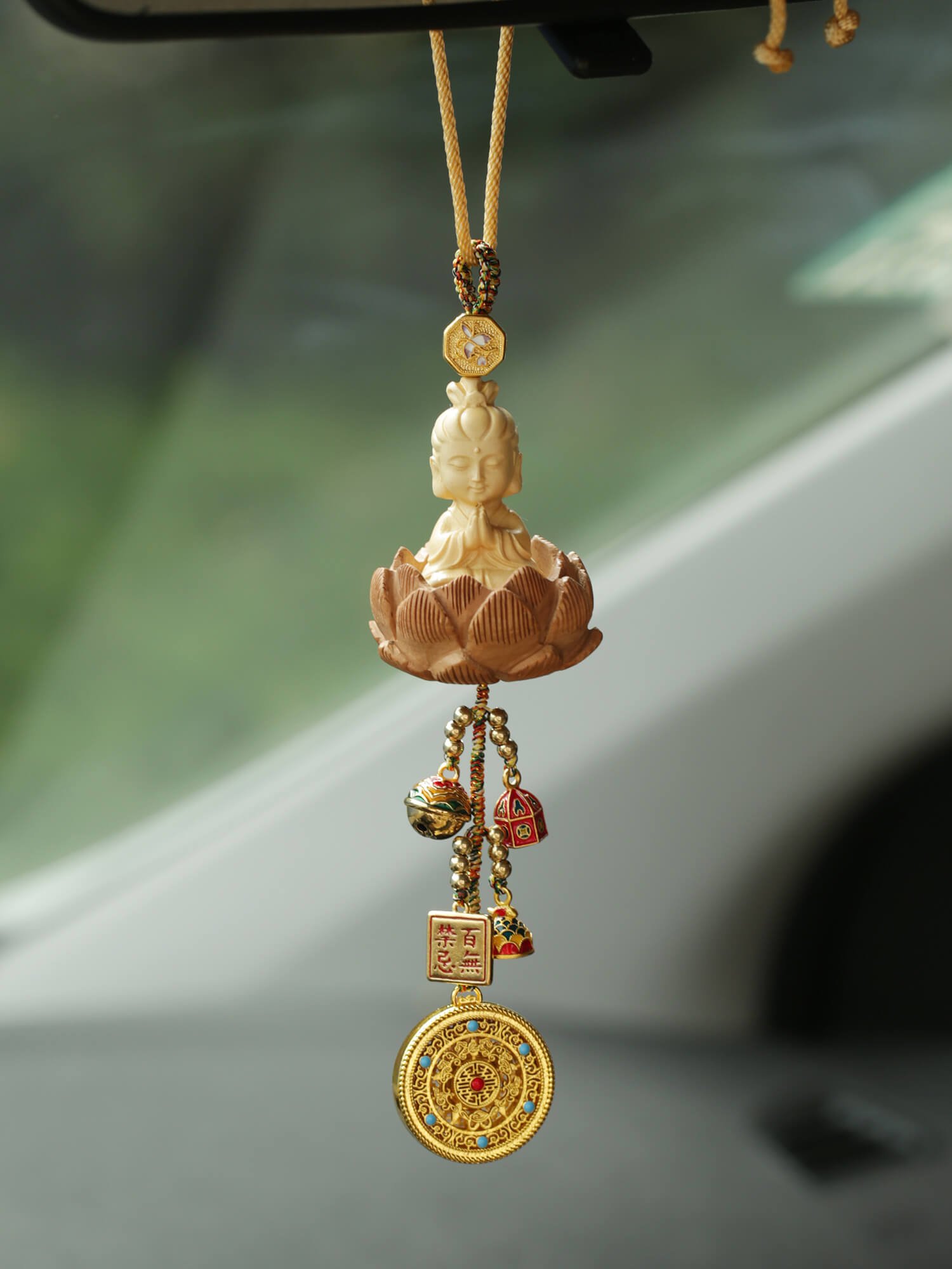 Peace and Good Fortune - Boxwood Buddha and Guanyin Car Rearview Mirror Hanging Ornament