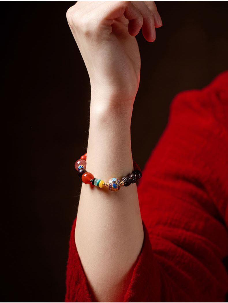 《Auspicious Treasure》 Imperial Cinnabar, Strawberry Quartz, and Small Leaf Purple Sandalwood Treasure Bracelet