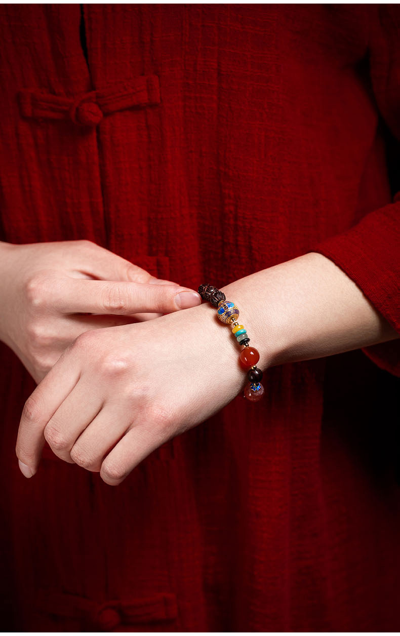 《Auspicious Treasure》 Imperial Cinnabar, Strawberry Quartz, and Small Leaf Purple Sandalwood Treasure Bracelet