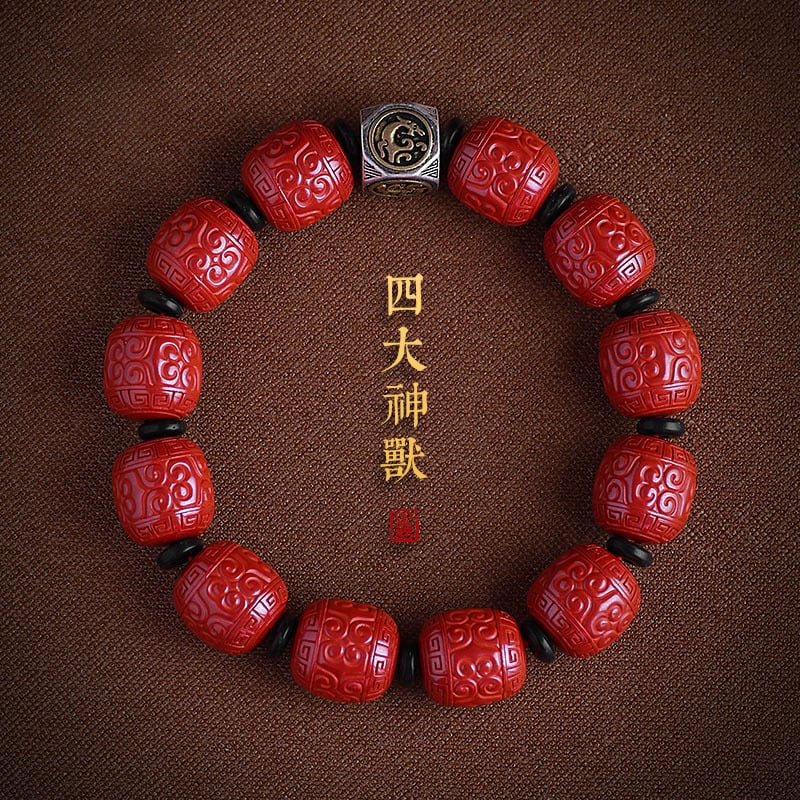 《Four Divine Beasts》 Imperial Cinnabar Patterned Bead Four Divine Beasts Men's Bracelet