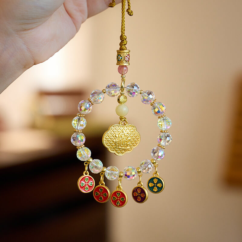 《The Good Fortune Koi》 Five Gods of Wealth, Five-Colored Crystal Glass Car Hanging