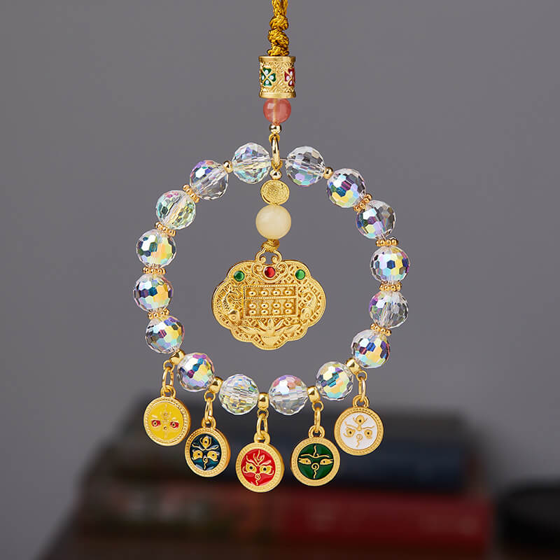 《The Good Fortune Koi》 Five Gods of Wealth, Five-Colored Crystal Glass Car Hanging