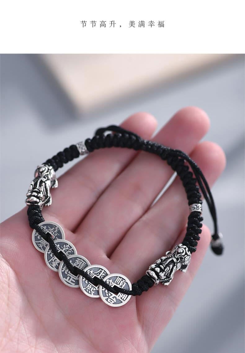 《Five Emperors' Coins》 999 Silver Pixiu Five Emperors' Coins Men's Lucky Bracelet