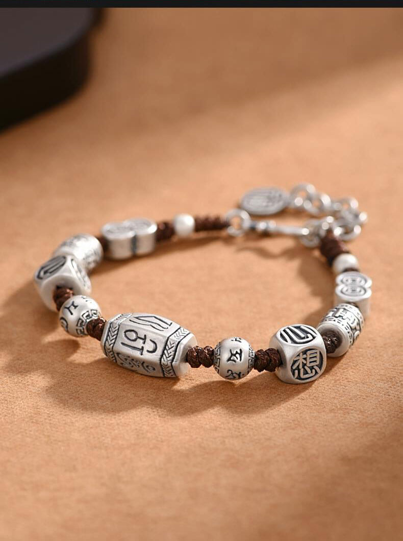 《May All Your Wishes Come True》 999 Silver Six-word Mantra Ethnic Retro Lucky Bracelet