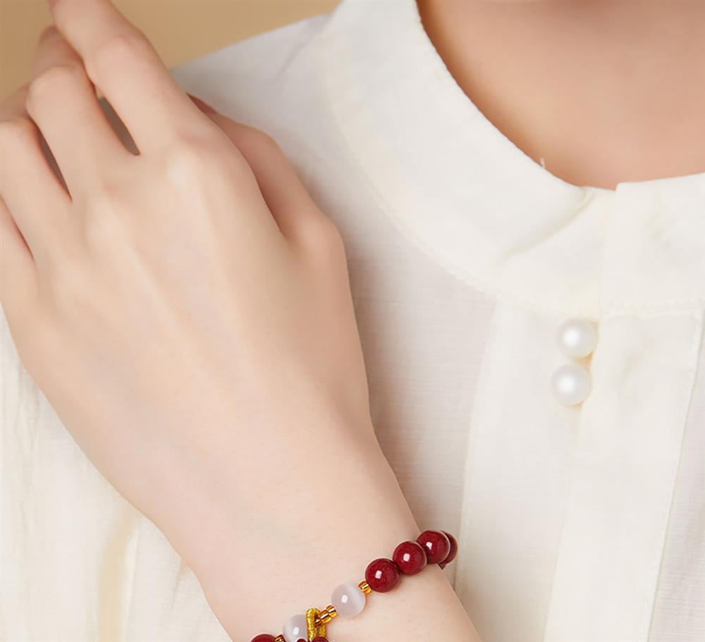 《Tranquility》 Lotus Cinnabar and White Cat's Eye Bracelet