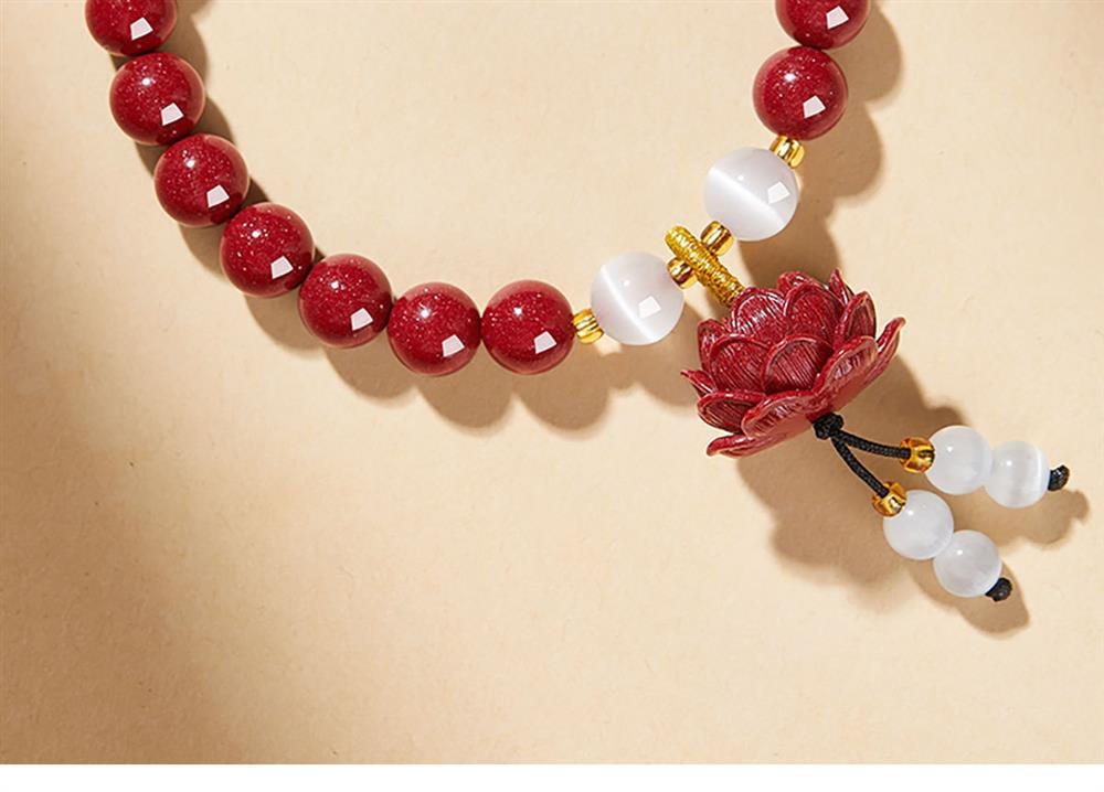 《Tranquility》 Lotus Cinnabar and White Cat's Eye Bracelet