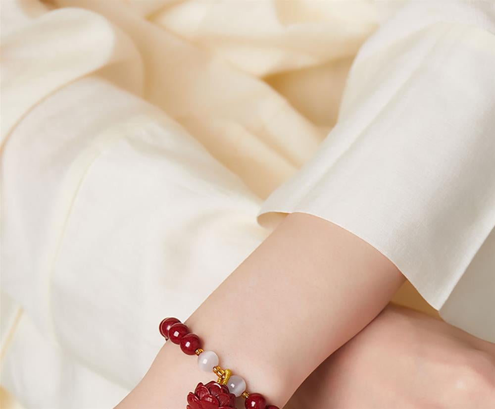 《Tranquility》 Lotus Cinnabar and White Cat's Eye Bracelet