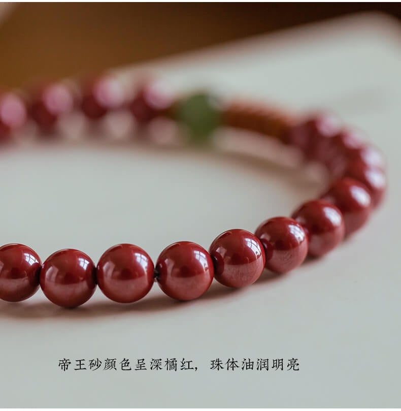 《A Hint of Cinnabar Red》 Hetian Green Jade Olive Bracelet - Ancient Style