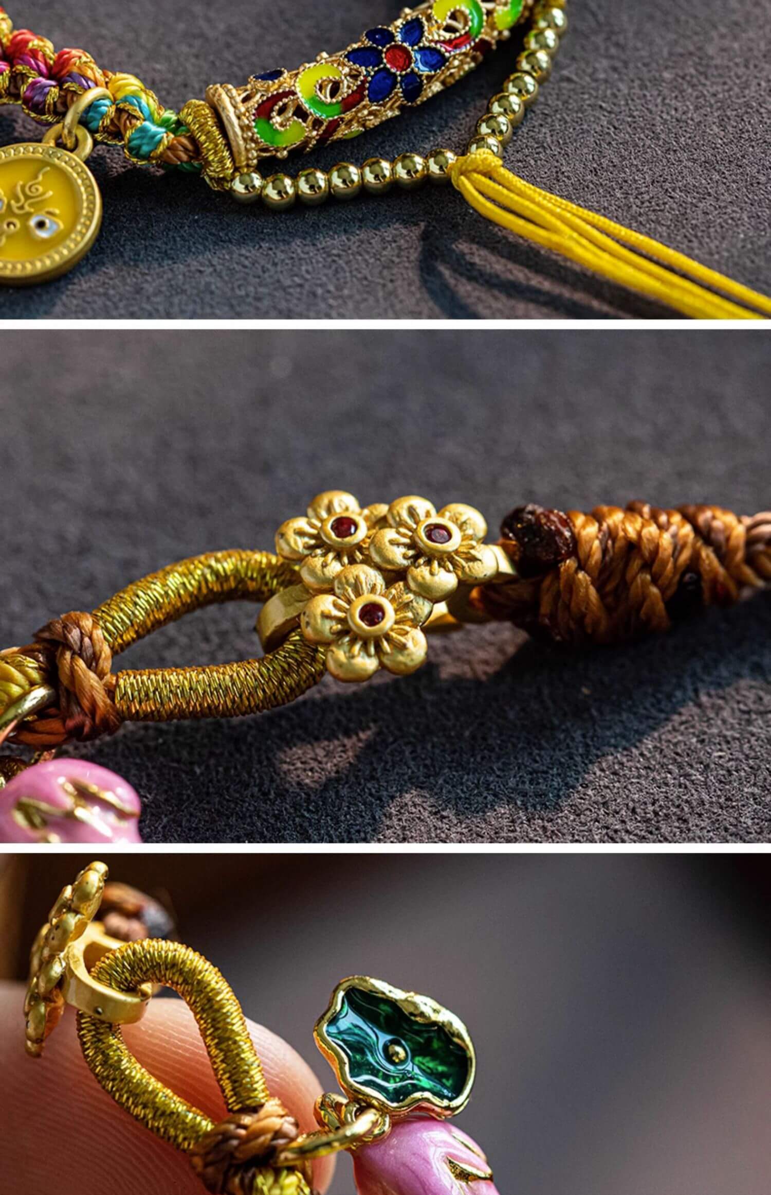 《Ruo Tao》 Tibetan Style Five Wealth Gods Pendant with Peach Blossom Rope Hanging Cord