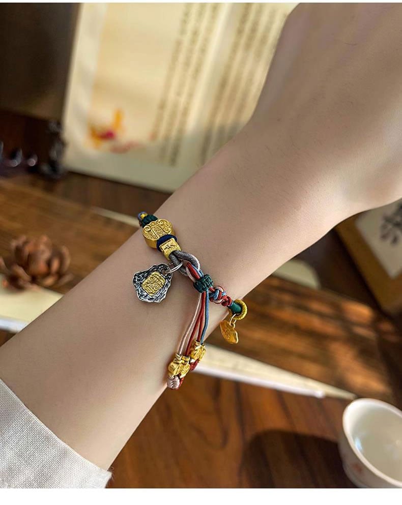 《Zakhira Mantra》 Pure Silver Multicolored Cord Tibetan Ethnic Style Bracelet