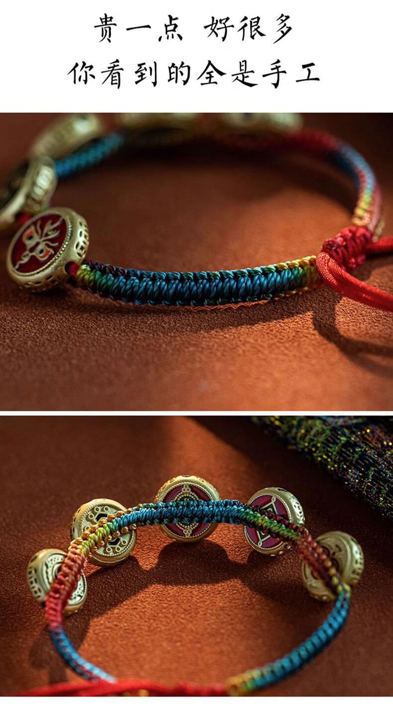 《Five Wealth Gods》 Lucky Bead Zakhira Mantra Tibetan Style Thangka Hand-knitted Rope