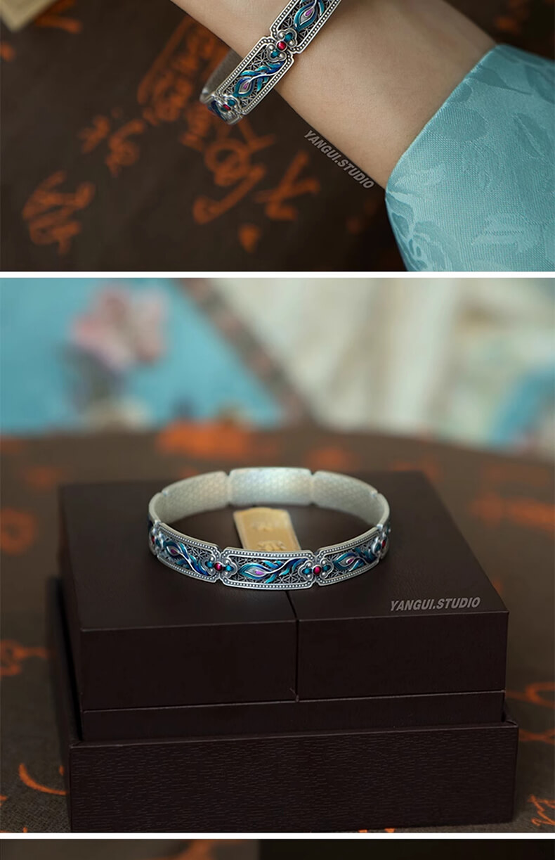 《The Phoenix and the Unicorn》 999 Silver Chinese National Style Enamel Colored Silver Foot Bracelet