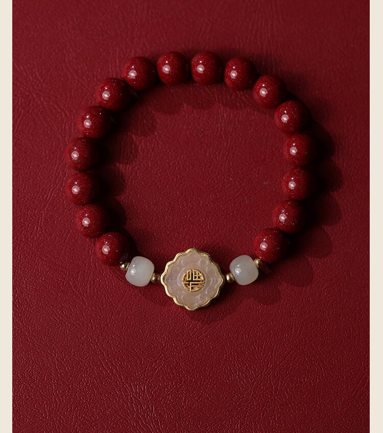 《Full of Blessings》Natural Jade and Cinnabar Bracelet with 'Fu' Character