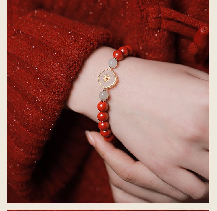 《Full of Blessings》Natural Jade and Cinnabar Bracelet with 'Fu' Character