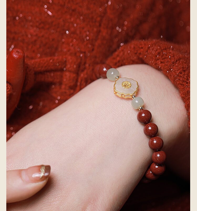 《Full of Blessings》Natural Jade and Cinnabar Bracelet with 'Fu' Character