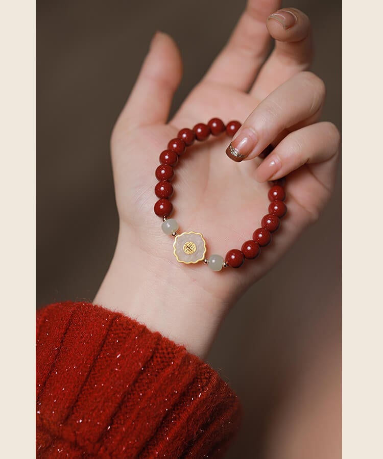 《Full of Blessings》Natural Jade and Cinnabar Bracelet with 'Fu' Character