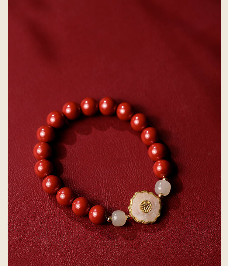 《Full of Blessings》Natural Jade and Cinnabar Bracelet with 'Fu' Character