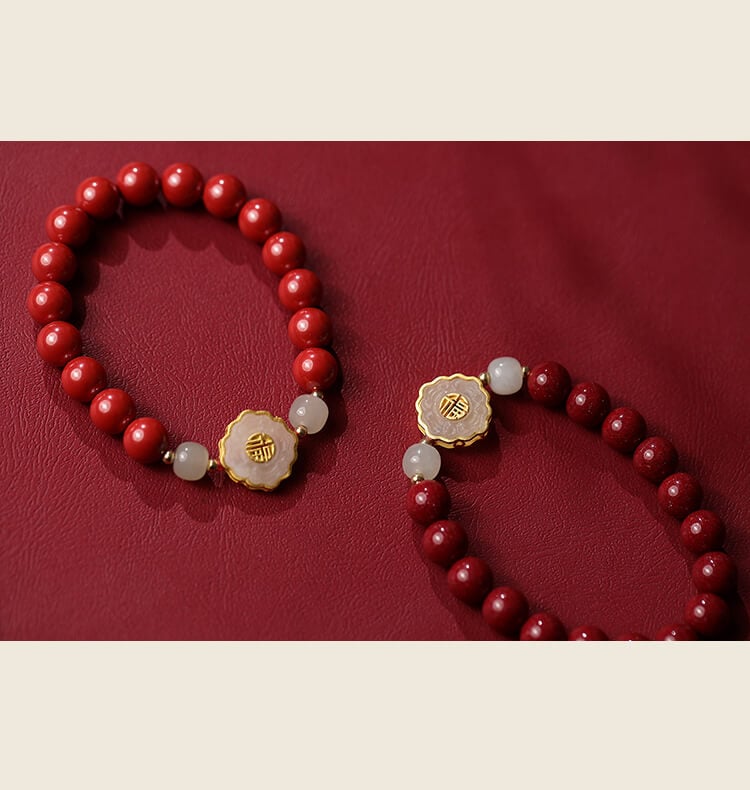 《Full of Blessings》Natural Jade and Cinnabar Bracelet with 'Fu' Character