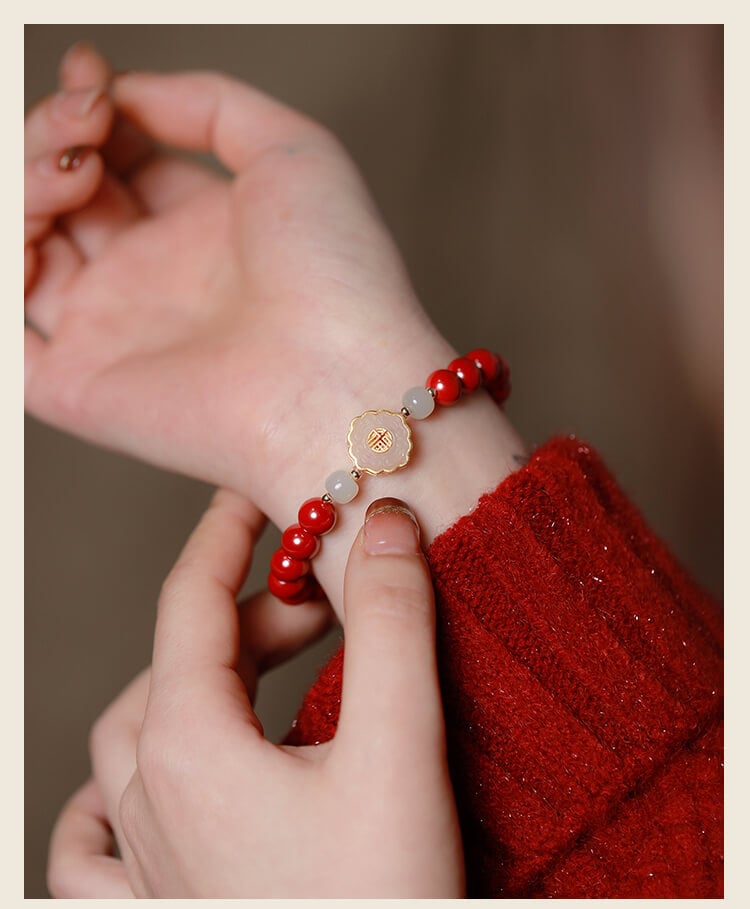 《Full of Blessings》Natural Jade and Cinnabar Bracelet with 'Fu' Character