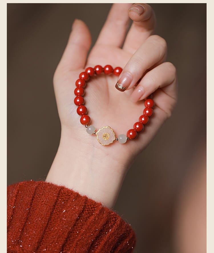 《Full of Blessings》Natural Jade and Cinnabar Bracelet with 'Fu' Character