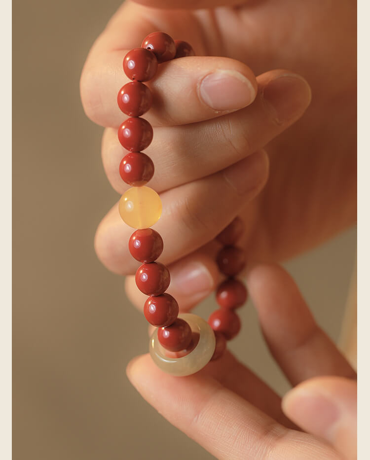 《Don't Separate》Natural Jade Honey Wax Cinnabar Chinese Style Bracelet.