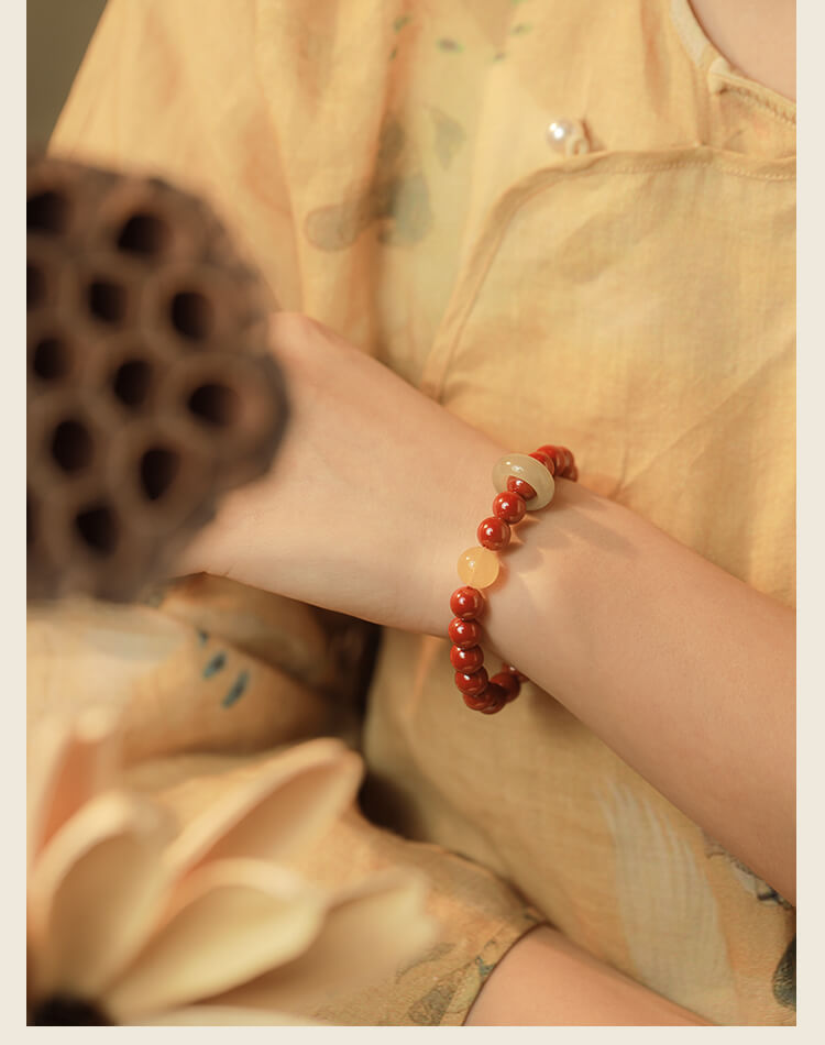 《Don't Separate》Natural Jade Honey Wax Cinnabar Chinese Style Bracelet.