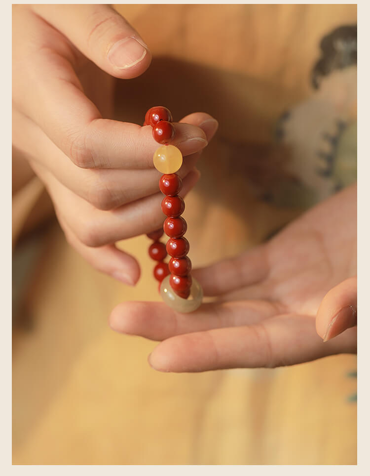 《Don't Separate》Natural Jade Honey Wax Cinnabar Chinese Style Bracelet.