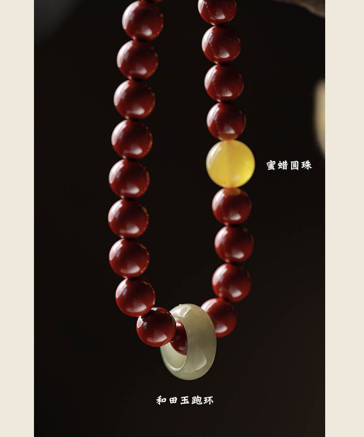 《Don't Separate》Natural Jade Honey Wax Cinnabar Chinese Style Bracelet.