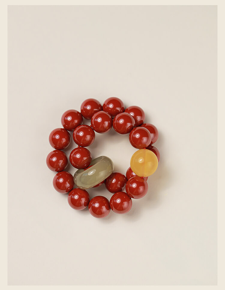 《Don't Separate》Natural Jade Honey Wax Cinnabar Chinese Style Bracelet.