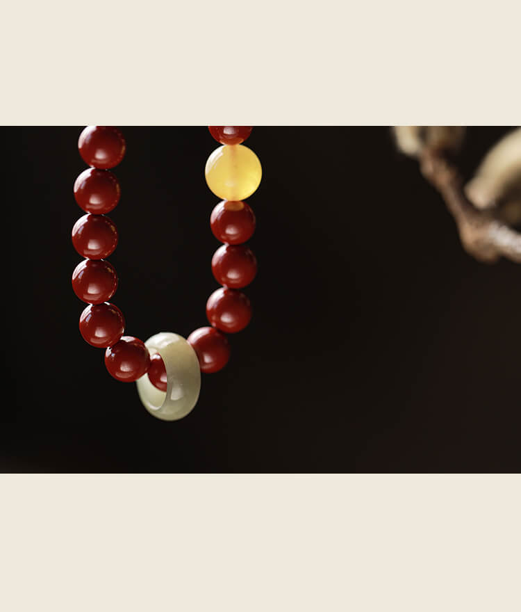 《Don't Separate》Natural Jade Honey Wax Cinnabar Chinese Style Bracelet.