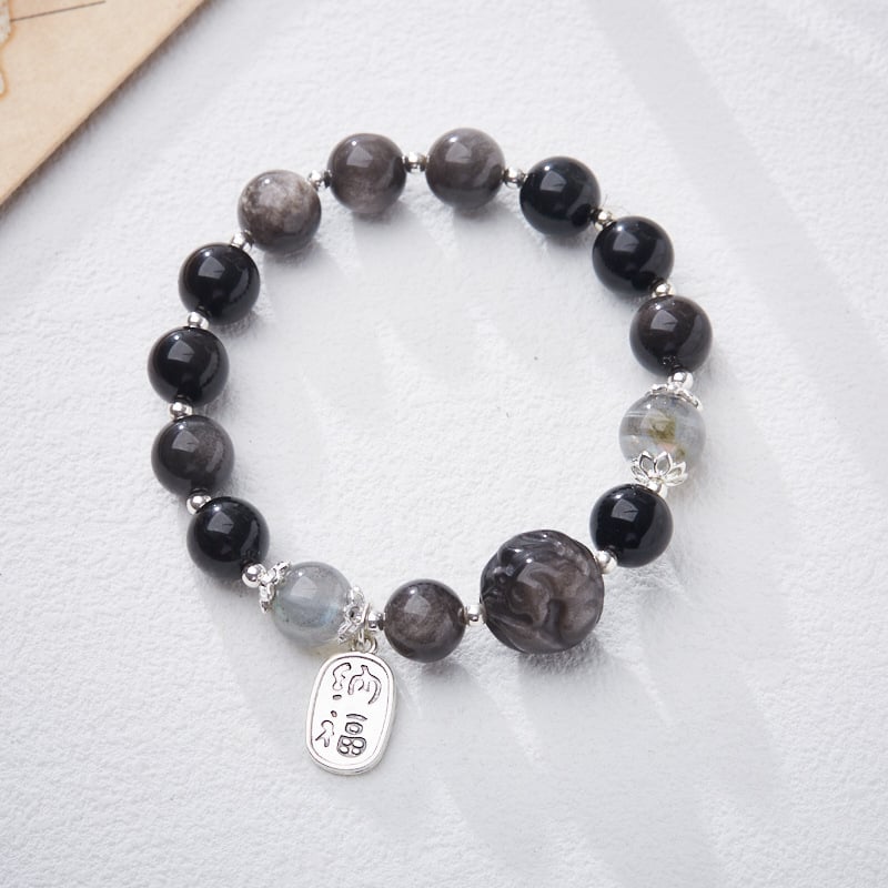 《Nine-tailed Fox》 natural obsidian good luck phoenix moonlight stone bracelet