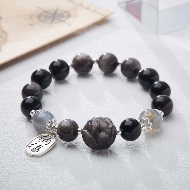 《Nine-tailed Fox》 natural obsidian good luck phoenix moonlight stone bracelet