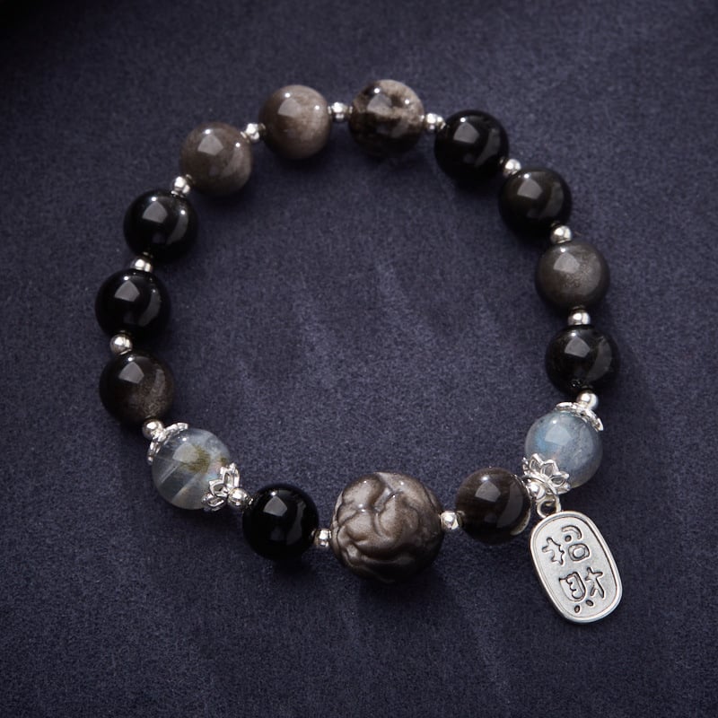 《Nine-tailed Fox》 natural obsidian good luck phoenix moonlight stone bracelet