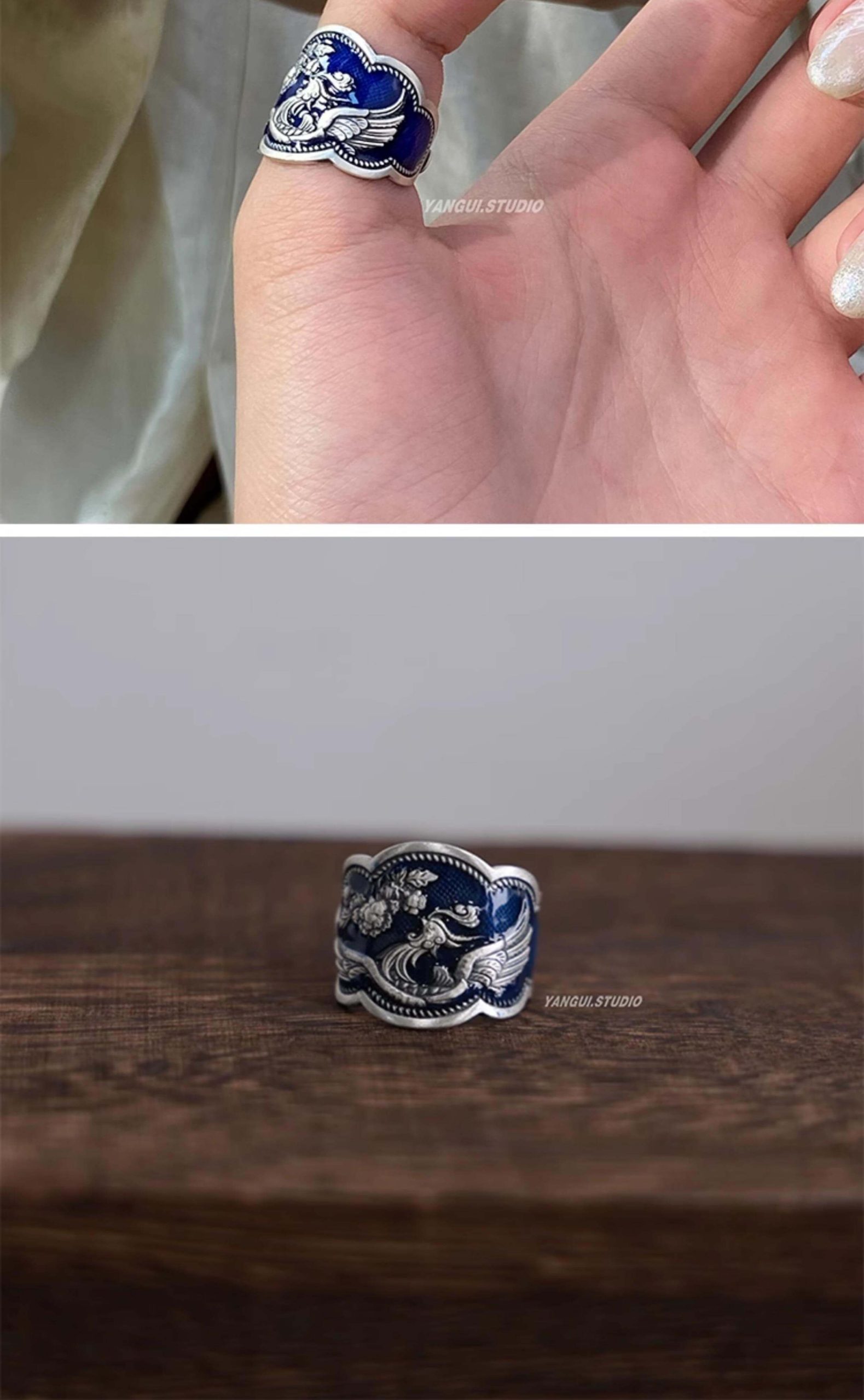 《Lan Fengyi》 999 silver Chinese style handmade enamel ring