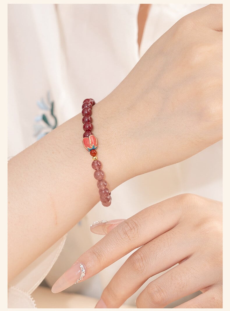 《Happy Flowers Bloom》 Natural Cinnabar Peach Blossom Strawberry Crystal Beaded Bracelet