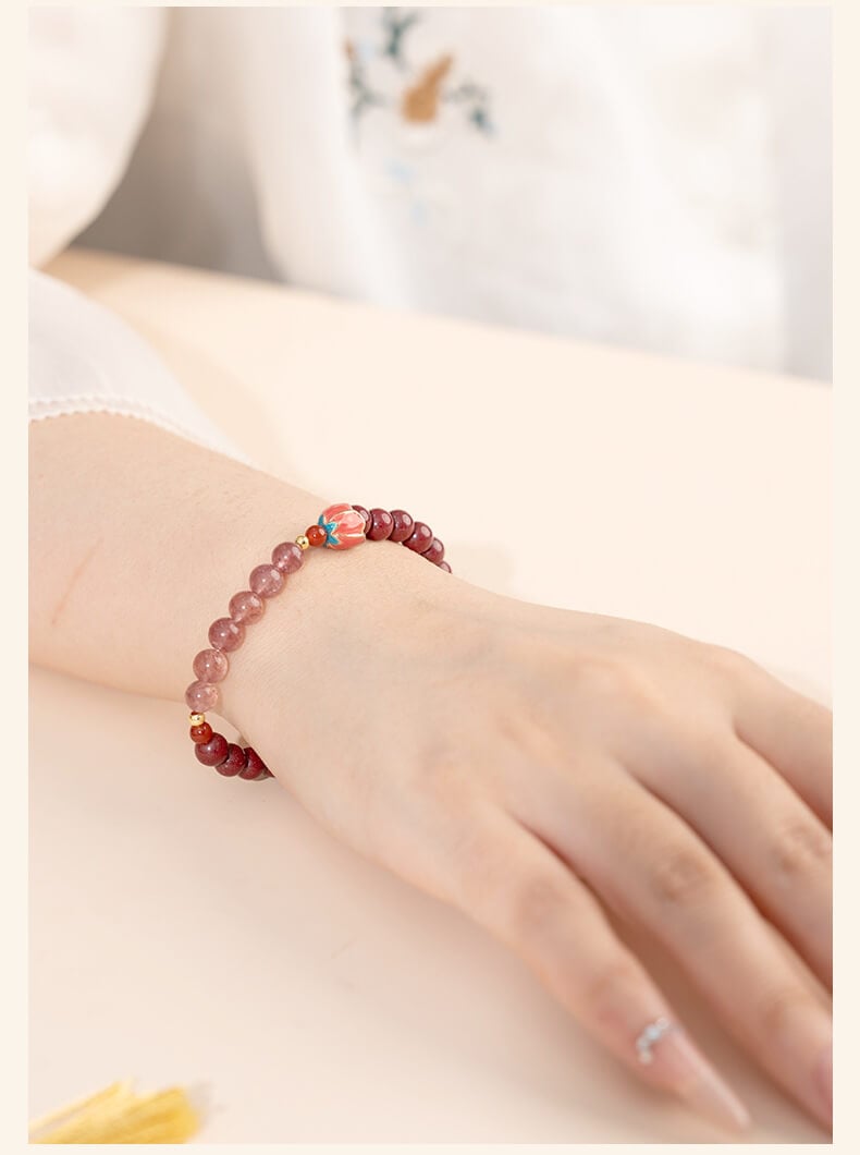 《Happy Flowers Bloom》 Natural Cinnabar Peach Blossom Strawberry Crystal Beaded Bracelet